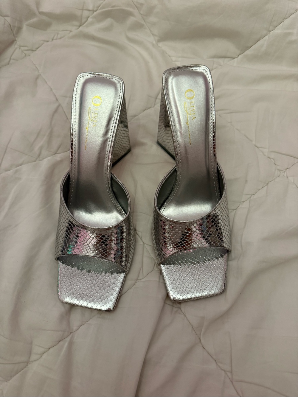 Miss Lola Silver Snake-Embossed Square-Toe Slide Heels